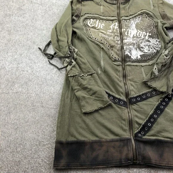 Salvage Jacket Womens Medium Green Biker Full Zip Studded Graphic Grunge Goth - Picture 2 of 10